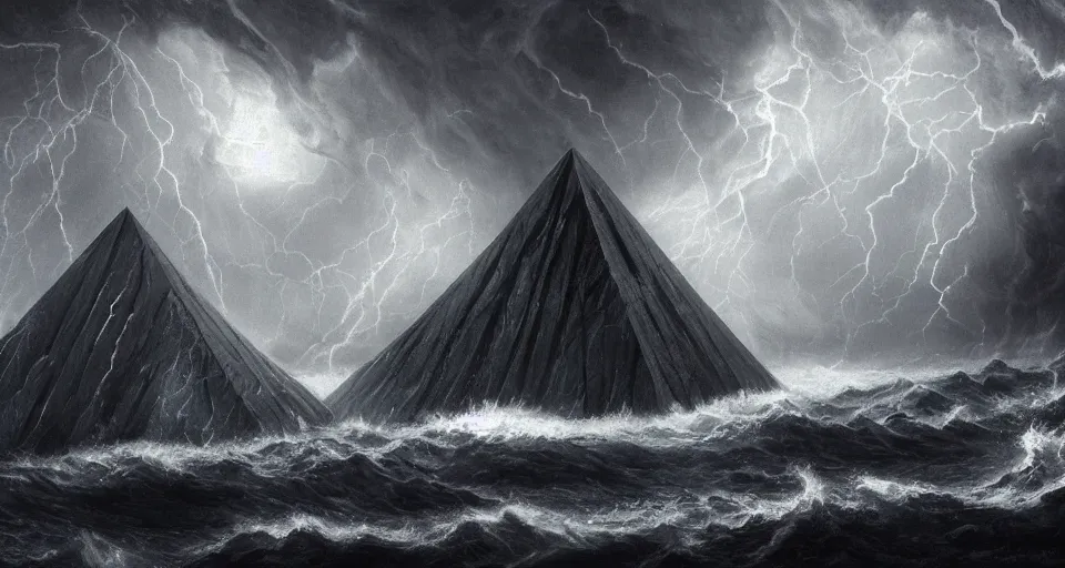 Image similar to black lovecraftian eldritch!! obsidian pyramid!! on a snowy island surrounded by raging stormy seas, with a large shadow of a creature in the background by eugene von guerard, ivan shishkin, night, red lightning!!, storm!, dramatic lighting, concept art, trending on artstation, 8 k