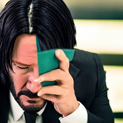 Prompt: cinematic still of John Wick reading the Bible in John Wick (2009). shallow depth of field, cinematic