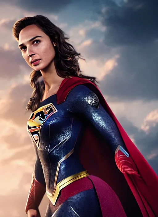 Prompt: a potrait of Gal Gadot as Supergirl suit with man of steel suit style with no cape on it and full armour by Zack Snyder, 8k photorealistic, cinematic lighting, HD, high details, dramatic, trending on artstation, view from above