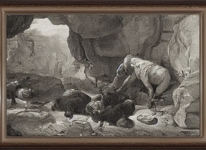 Image similar to Pieter Claesz's 'viewer looking into dark cave and seeing a mother bear and her cubs sleeping', night time, cross hatching, framed painting hanging over couch