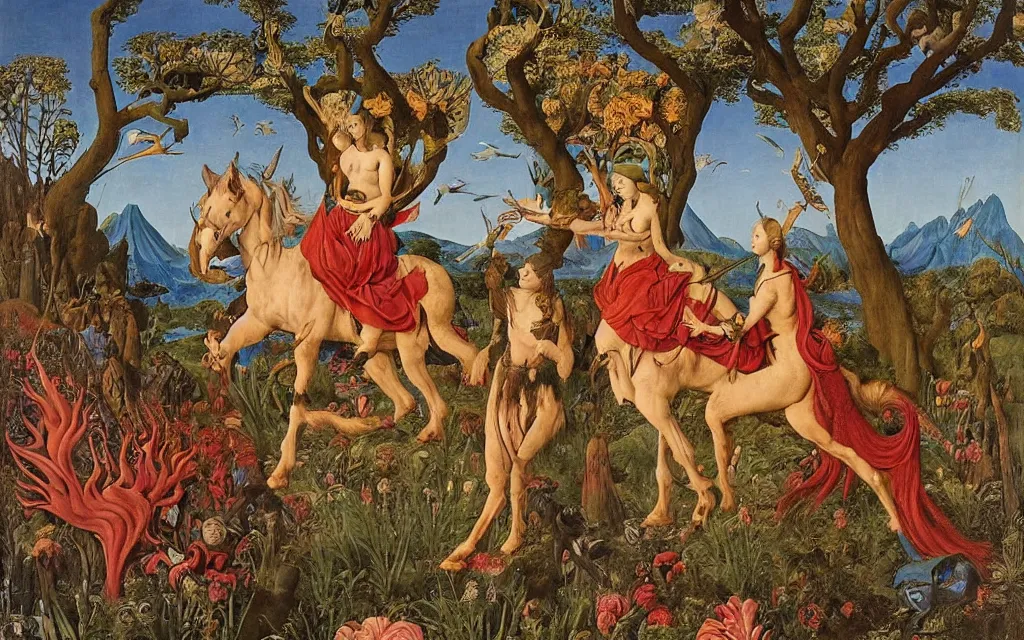 Image similar to a portrait photograph of a meditating harpy and a centaur king riding eagles and hunting at a river delta. surrounded by bulbous flowers and trees. mountain range under a blue sky of fiery stars. by jan van eyck, max ernst, ernst haeckel, ernst fuchs and artgerm, cgsociety, fashion editorial, 8 k