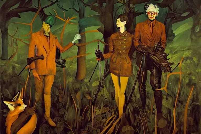 Prompt: ( ( a beautiful masterpiece painting ) a english fox hunter and a monster in a hunting lodge ( by ( remedios varo ) and ( anato finnstark ) and ( greg rutkowski ) and ( andy warhol ) and i ( francis picabia ) ) ( camouflage ) ( hyperrealism ) ( trending on artstation )