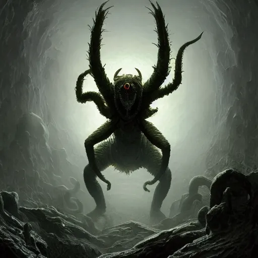 Image similar to arachnid god of the netherworld in the style of michael whelan and h. p. lovecraft. hyperdetailed photorealism by greg rutkowski. 1 0 8 megapixels, 3 d finalrender, cinematic lighting.