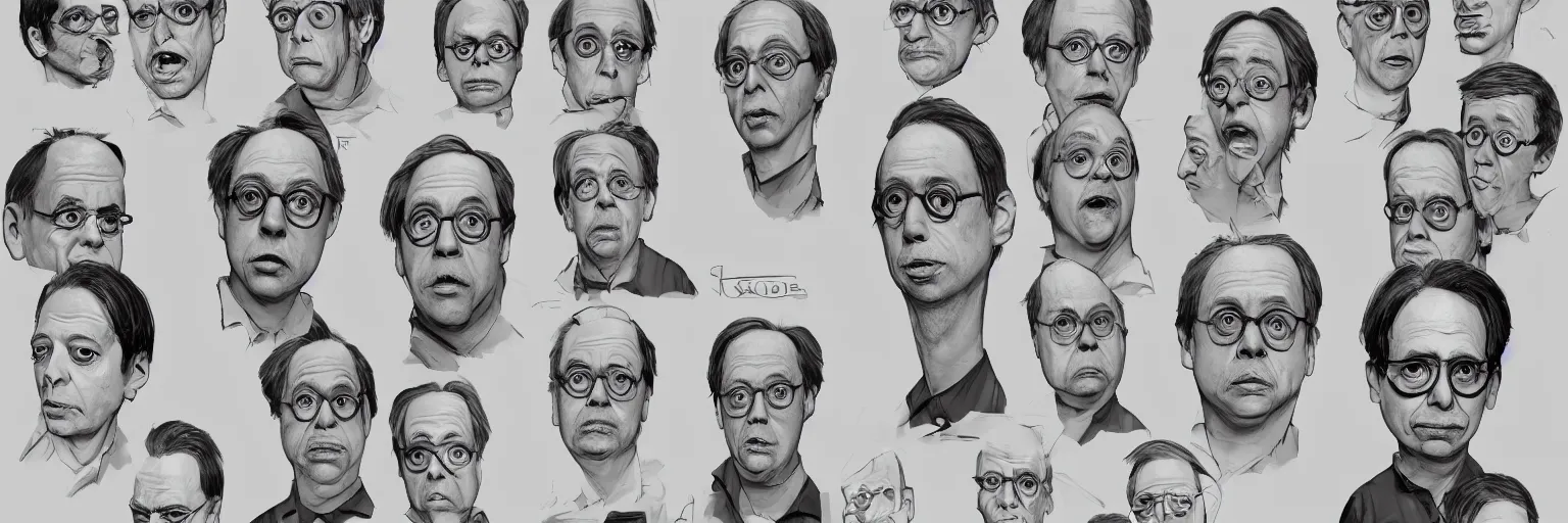 Image similar to character study of todd solondz and steve buscemi and danny devito, 2 0 2 2, clear faces, emotional, character sheet, fine details, concept design, contrast, kim jung gi, pixar and da vinci, trending on artstation, 8 k, full body and head, turnaround, front view, back view, ultra wide angle