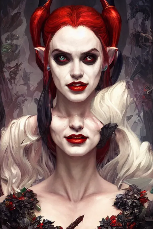 Image similar to portrait of harley quinn as a demon elf queen, forest, godlike, upper body, fantasy, intricate, elegant, highly detailed, digital painting, artstation, concept art, sharp focus, illustration, art by artgerm and greg rutkowski and alphonse mucha