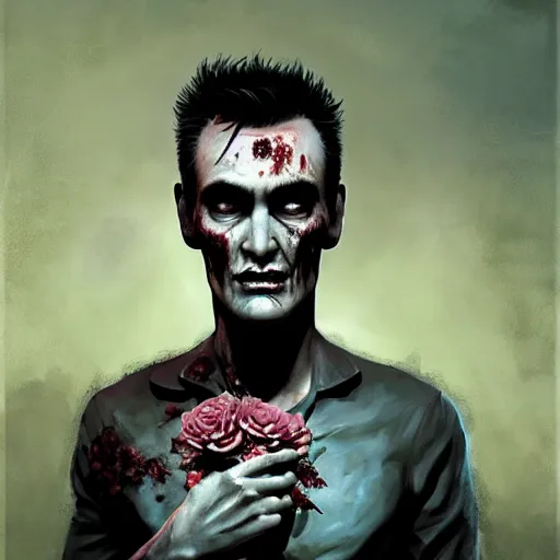 Image similar to skinny morrissey as a zombie with flowers, 7 days to die zombie, fine art, award winning, intricate, elegant, sharp focus, cinematic lighting, rimlight, digital painting, 8 k concept art, art by z. w. gu, art by brom, art by michael hussar, 8 k