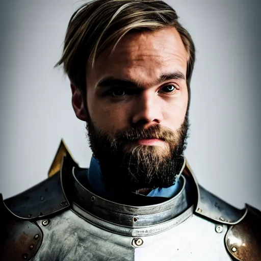 Image similar to PewDiePie as a knight, EOS-1D, f/1.4, ISO 200, 1/160s, 8K, RAW, unedited, symmetrical balance, in-frame