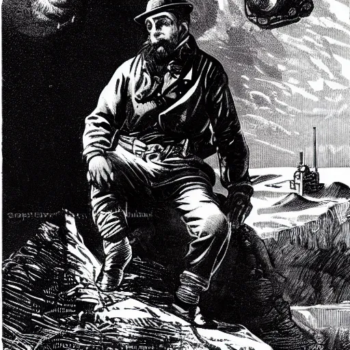 Image similar to 19th century scruffy american trapper, overlooking martian landscape, pulp science fiction illustration