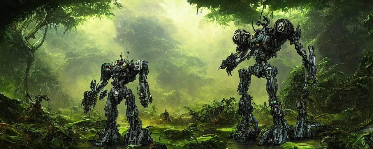 Prompt: an intricate concept illustration of a mecha pilot standing in the middle of a jungle, artstation, art by tony sart,