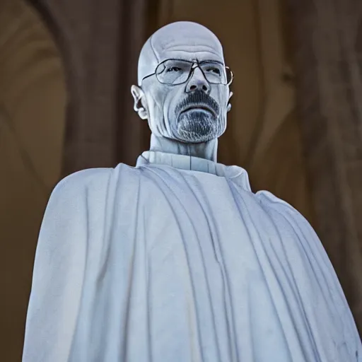 Prompt: marble statue of walter white in a beautiful gothlic, catholic church, low angle shot, cinematic, beautiful, high definition, 4 k