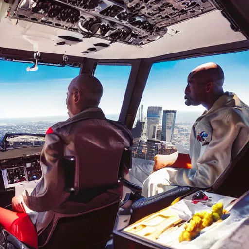 Prompt: Kobe Bryant sitting in a helicopter cockpit and holding a KFC bucket, hyper detailed, 8k resolution