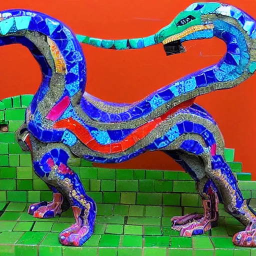 Image similar to mosaic sculpture of a alebrije chimera!!!, irregularly shaped mosaic tiles, hand glazed pottery shards, in the style of folk art, gallery photo