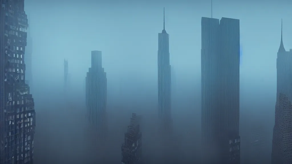 Prompt: Hulk sized Obama towers over a foggy Manhattan; render by Beeple, 4K; unreal, epic scene; ominous; bizarre world; odd world