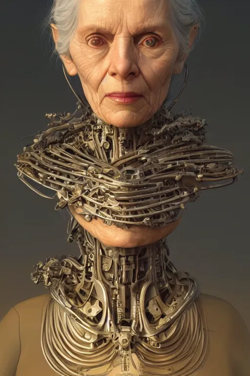 Prompt: portrait of a old female robot grandmother, intricate, dystopian toy, sci-fi, extremely detailed, digital painting, sculpted in zbrush, artstation, concept art, smooth, sharp focus, illustration, chiaroscuro lighting, golden ratio, incredible art by artgerm and greg rutkowski and alphonse mucha and simon stalenhag