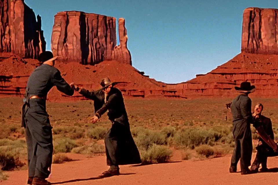 Image similar to filmstil by Sergio Leone showing duel in front of the Monument valley, western, photorealistic, cinematic atmosphere