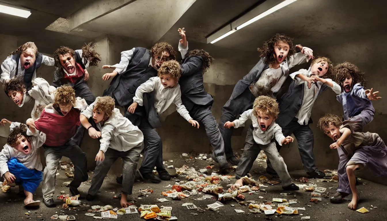 Image similar to disheveled children in rags and obese men in suits fighting in a squalid subway over piles half eaten fast food and money, hyper realistic photo, full colour, upscale, 8 k