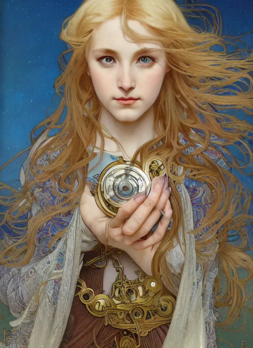 Prompt: highly detailed portrait of a young medieval maiden with wavy blonde hair in a retro spaceship with large windows, by Alphonse Mucha, Ayami Kojima, Yoshitaka Amano, Charlie Bowater, Karol Bak, Greg Hildebrandt, Jean Delville, and Mark Brooks, 4k resolution,