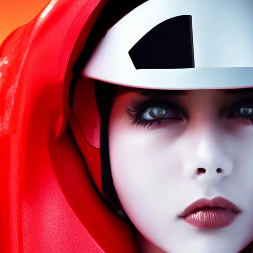 Prompt: headshot of an beautiful female soldier in glossy sleek white armor with tiny red details and a long red cape, downward angle, determined expression, on the surface of mars, night time, dramatic lighting, cinematic, sci-fi, hyperrealistic