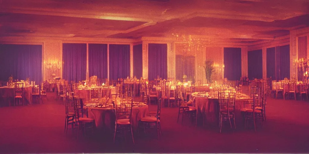 Image similar to a phantom hovers inside of a banquet hall. dramatic soft color lighting ( 1 9 8 4 ).