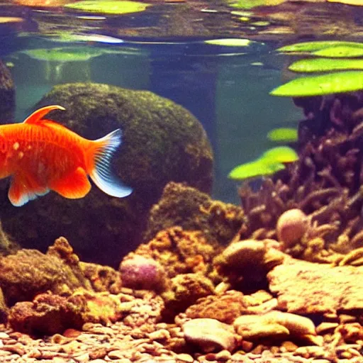 Image similar to a video frame from a nature film about the secret life of pet goldfish, ultra realistic, high definition
