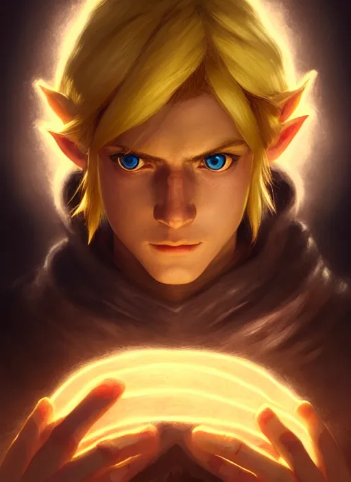 Image similar to portrait of link from the legend of zelda, intricate, elegant, glowing lights, highly detailed, digital painting, artstation, concept art, sharp focus, illustration, art by wlop, mars ravelo and greg rutkowski