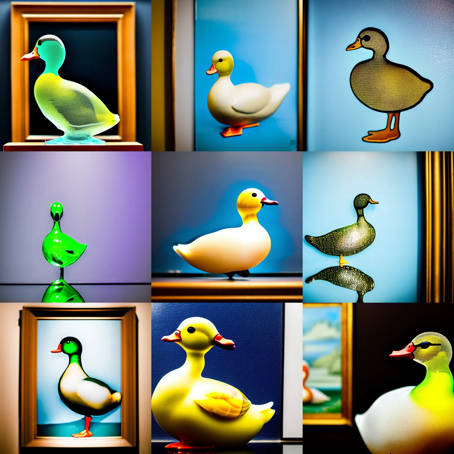 Prompt: a close up photo of a [ transparent clear glass duck in front of a painting ] [ not opaque ] [ transparent ], professional photography, sigma 8 5 mm f / 8