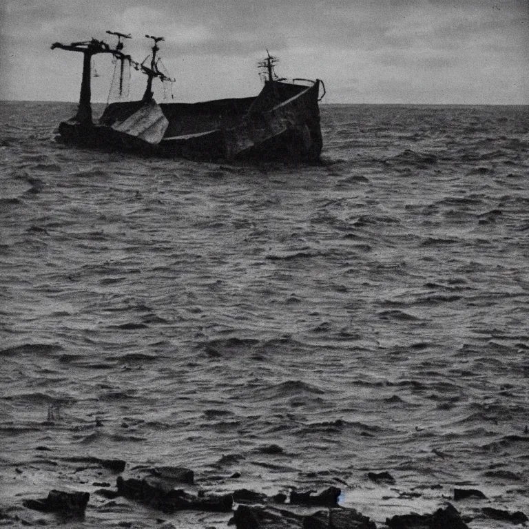 Image similar to the ship of theseus wrecked upon the night's plutonian shore, 35mm photography by Edgar Allan Poe