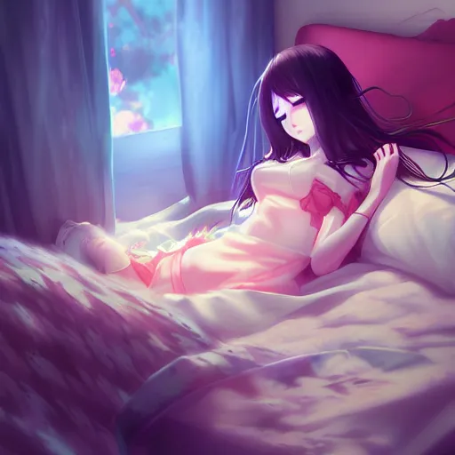 Image similar to digital anime art!!, gamer girl bedroom sleeping desk, wlop, rossdraws, artgerm, ross tran