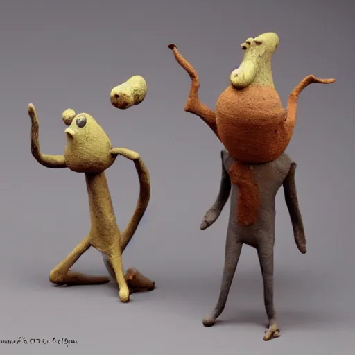 Prompt: weird little clay creatures designed by max ernst,