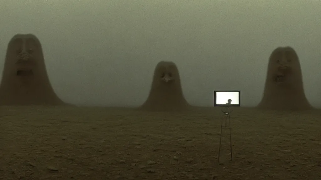 Prompt: a television sits directly in front of the viewer, a strange creature peaks out from behind, film still from the movie directed by Denis Villeneuve with art direction by Zdzisław Beksiński, wide lens