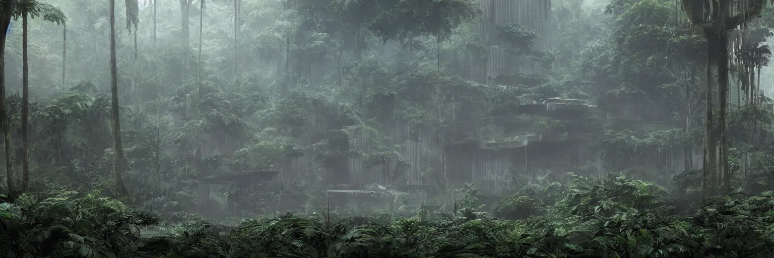 Image similar to brutalist architecture deep in the rainforest. nature is taking over. matte painting in the style of craig mullins. mist. cinematic. octane render.