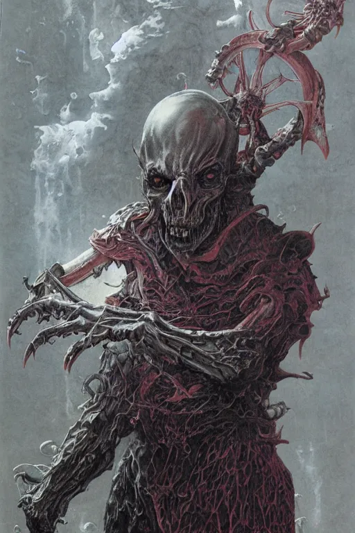 Image similar to portrait of vecna, drizzt, strahd von zarovich, sanguinius, asmodeus, orcus combined, painted by wayne barlowe