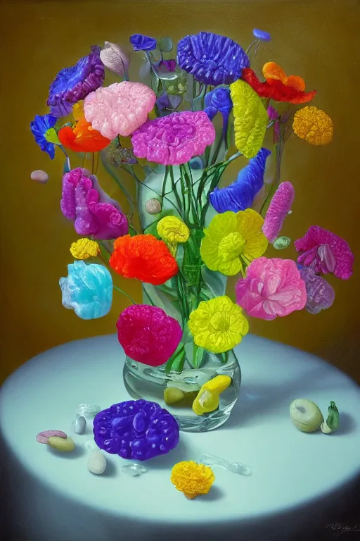 Image similar to painting of gummy flowers in a vase on a table, a surrealist painting by rachel ruysch, trending on deviantart, pop surrealism, surrealist, biomorphic, made of gummy bears flowers and jelly beans flowers, translucent gummy glowing texture