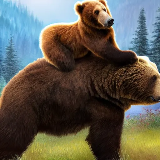 Prompt: bob ross riding on the back of a brown bear, outdoor, hyperrealistic, shutterstock contest winner, digital art, national geographic photo
