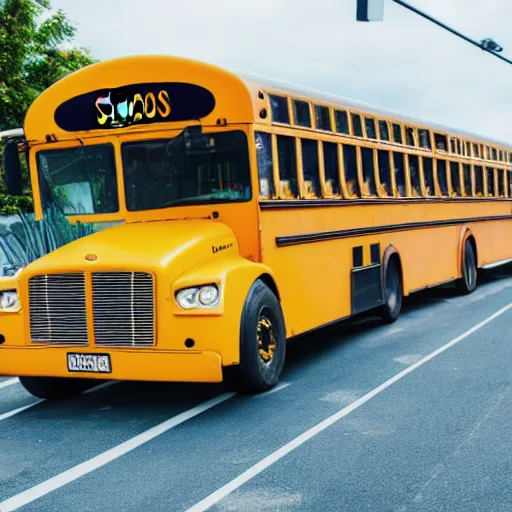 Image similar to Photo of a school bus going to a mall, realistic