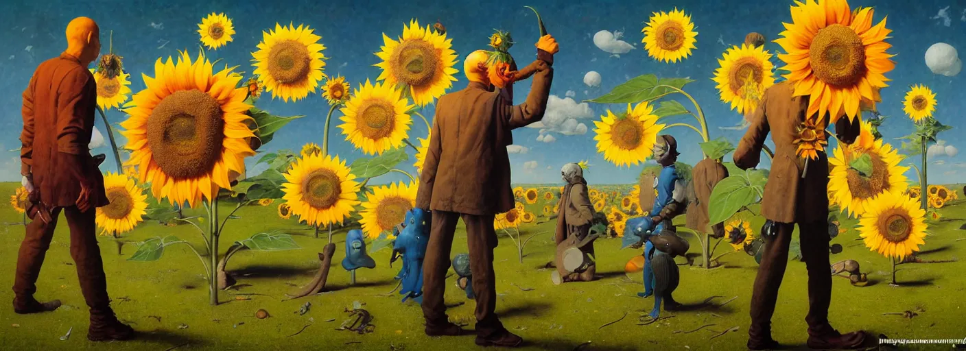 Prompt: full - body surreal colorful sunflower rpg character concept art anatomy, action pose, very coherent and colorful high contrast masterpiece by norman rockwell franz sedlacek hieronymus bosch dean ellis simon stalenhag rene magritte gediminas pranckevicius, dark shadows, sunny day, hard lighting, reference sheet white! background