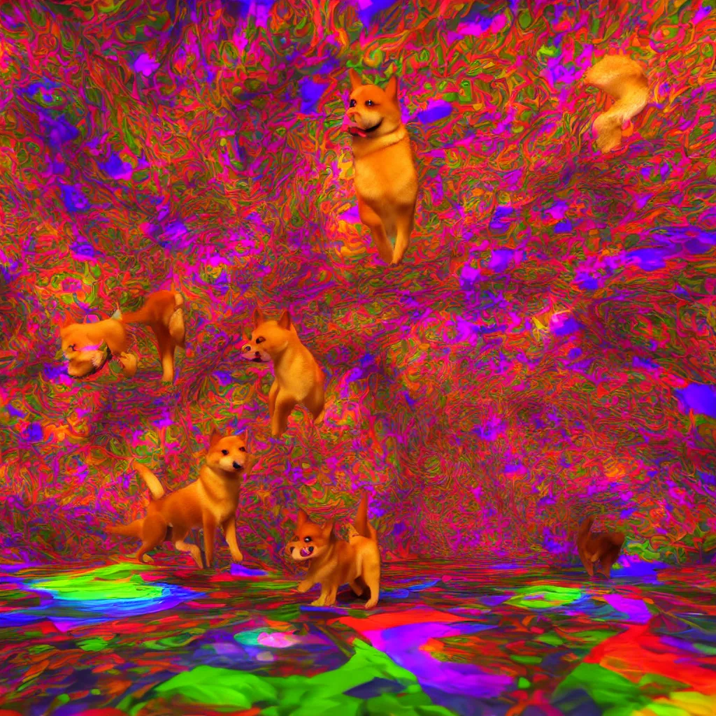 Image similar to two shiba inu in the psychedelic dmt fourth dimensional tunnel, octane 3 d render