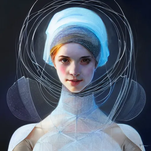 Image similar to portrait of a humanoid robot wearing a veil, mystic, mystical, robot body, wires, robotic, intricate, headshot, highly detailed, digital painting, artstation, concept art, sharp focus, cinematic lighting, digital painting, art by artgerm and greg rutkowski, alphonse mucha, cgsociety