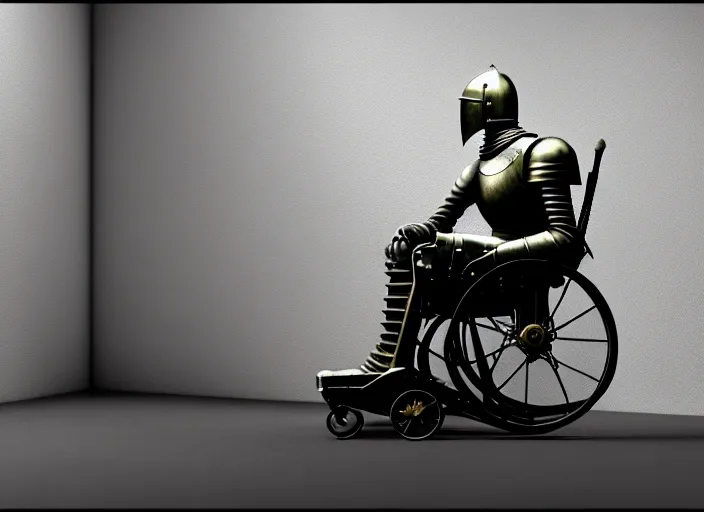 Image similar to knight in armor in a wheelchair do tricks, minsk, highly detailed, soft lighting, elegant, works by edward hopper and james gillard, zdislaw beksinski, stephen outram, andreas m wiese, highly detailed, masterpiece. rendered in blender, smooth shadows, ultra detail, high resolution, unreal 6, 8 k