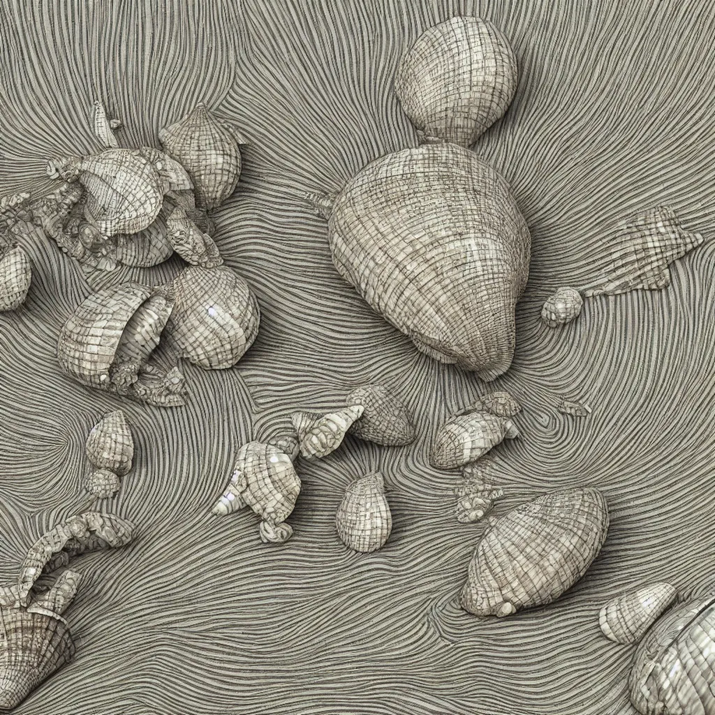 Prompt: geometric complex sea shell by ernst haeckel, modeled in 3 d, closeup, cinema 4 d render, beach sad background, clear focus, very coherent, very detailed