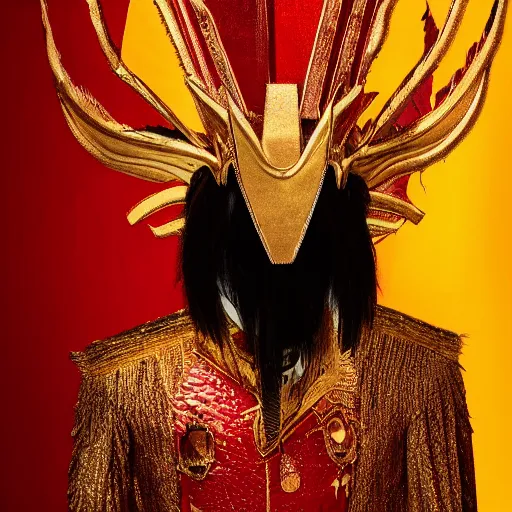 Image similar to portrait of a red king, sharp focus, black hair, full body, highly detailed, intricate, masked, white, regal clothing, gold ethereal light, high fantasy, pop art style