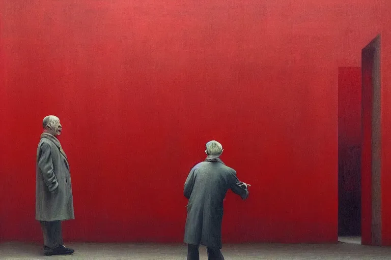 Image similar to only with red, a red old stylish man try to sell a portrait, crowd cheering, in a city square, in the style of beksinski, parts by edward hopper, parts by rodcenko, parts by yue minjun, intricate and epic composition, red by caravaggio, insanely quality, highly detailed, masterpiece, red light, artstation, 4 k