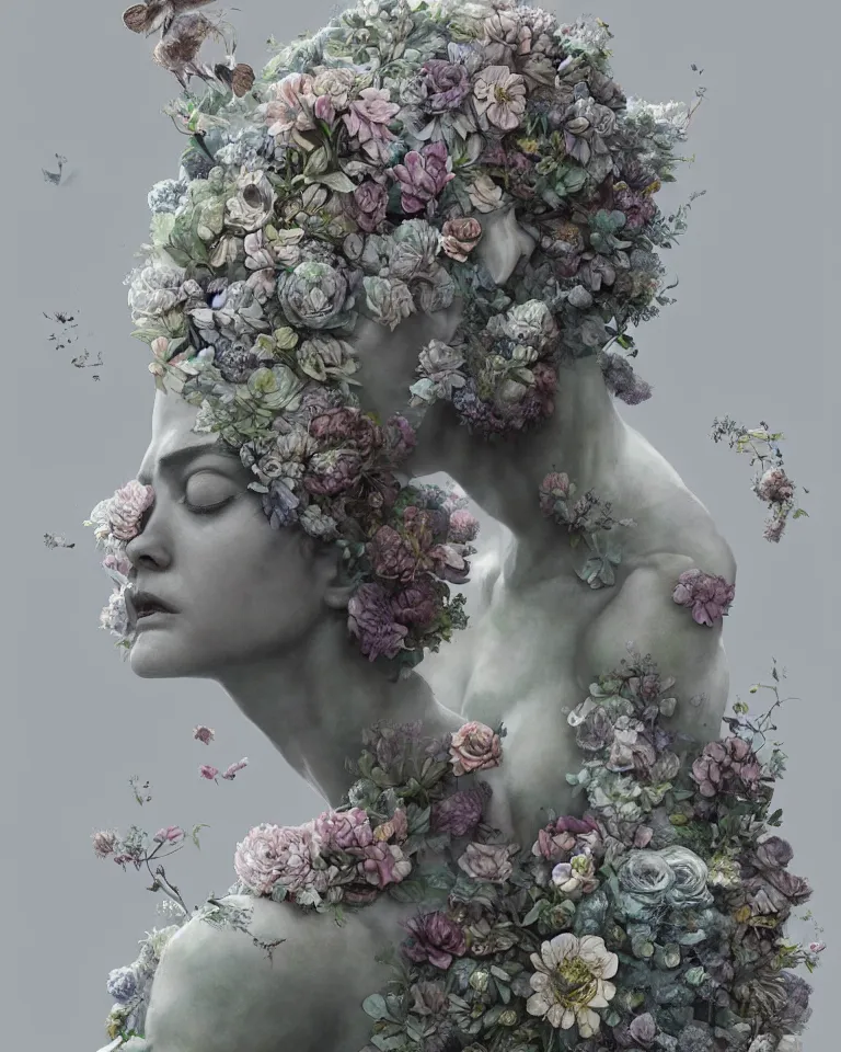 Prompt: a marble statue made of flowers made of mist, Andrew Ferez, Charlie Bowater, Marco Mazzoni, Seb McKinnon, Ryohei Hase, trending on cgsociety, featured on zbrush central, new sculpture, mystical