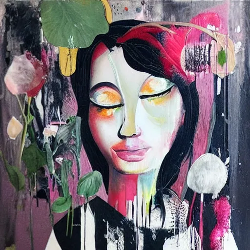 Image similar to “ a portrait in a female art student ’ s apartment, sensual, a pig theme, art supplies, paint tubes, ikebana, herbs, a candle dripping white wax, black walls, squashed berries, berry juice drips, acrylic and spray paint and oilstick on canvas, surrealism, neoexpressionism ”