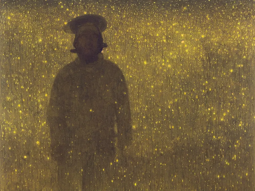 Prompt: painting by mikalojus konstantinas ciurlionis, bosch. portrait of a man in white beekeeping suit at night with fireflies