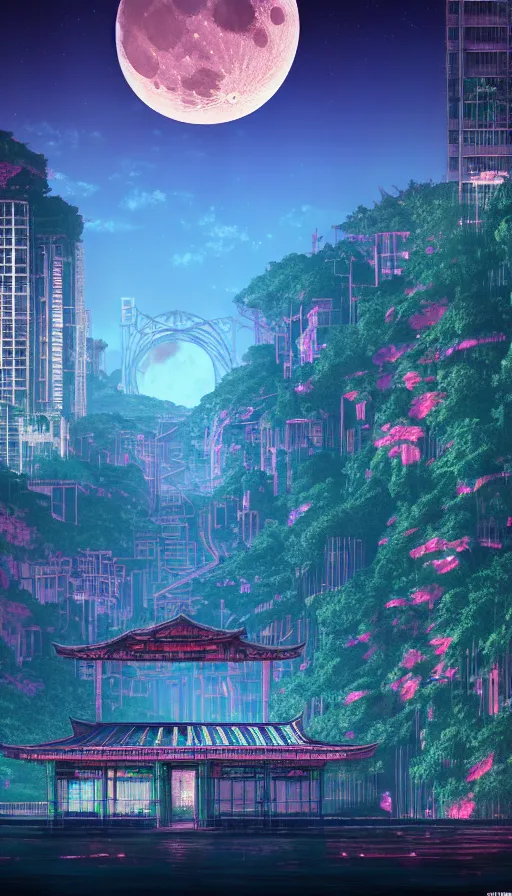 Image similar to reclaimed by nature by moon hoon, darkacademia atlantis cosmic san andreas at dawn neon signs tokyo synthwave universe, archdaily, wallpaper, highly detailed, trending on artstation.