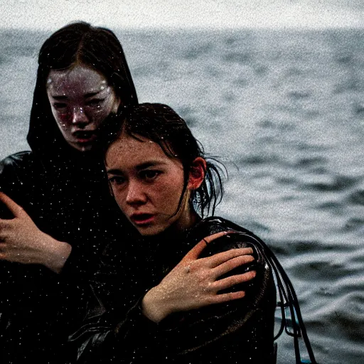 Image similar to cinestill candid photographic portrait by stanley kubrick of two female androids sobbing wearing rugged black mesh techwear in treacherous waters, flooded city, medium closeup, retrofuturism cyberpunk moody emotional cinematic, pouring iridescent rain bright spotlight helicopter, 8 k, hd, high resolution, 3 5 mm, f / 3 2, ultra realistic faces