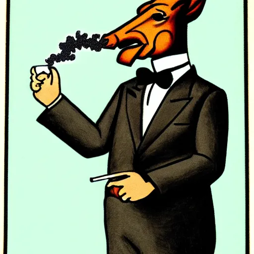 Image similar to an antropomorphic horse wearing a suit smoking a cigar