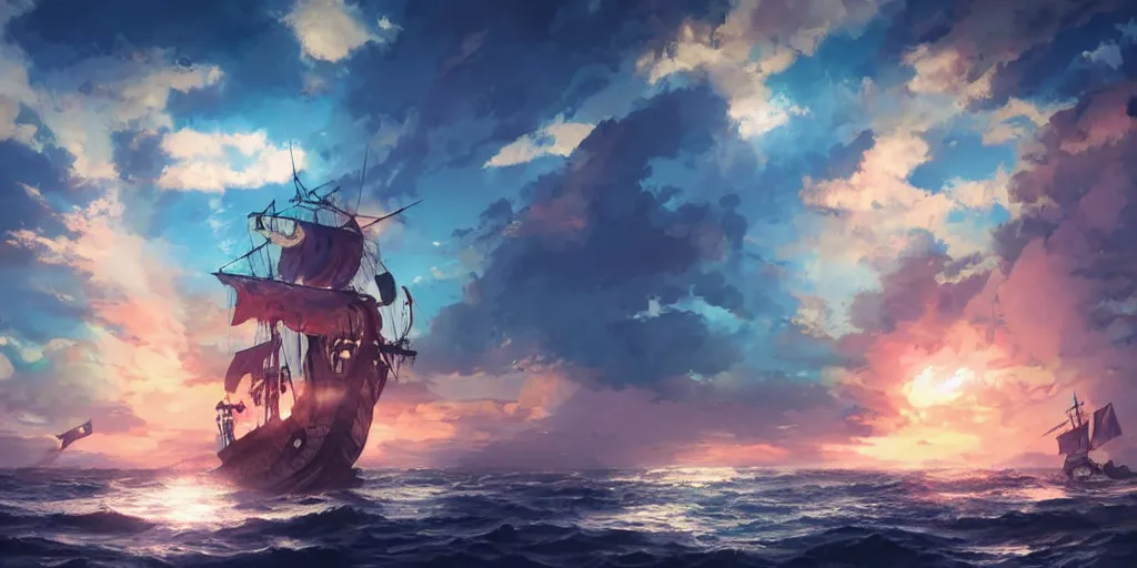 Prompt: pirate ship sailing with glowing birds near the ship, boisterous heaven, raging sky, sun lighting through clouds, with blue light piercing through clouds, makoto shinkai, lighting refraction, volumetric lighting, pixiv art, highly detailed, anime art, symmetrical, anime art