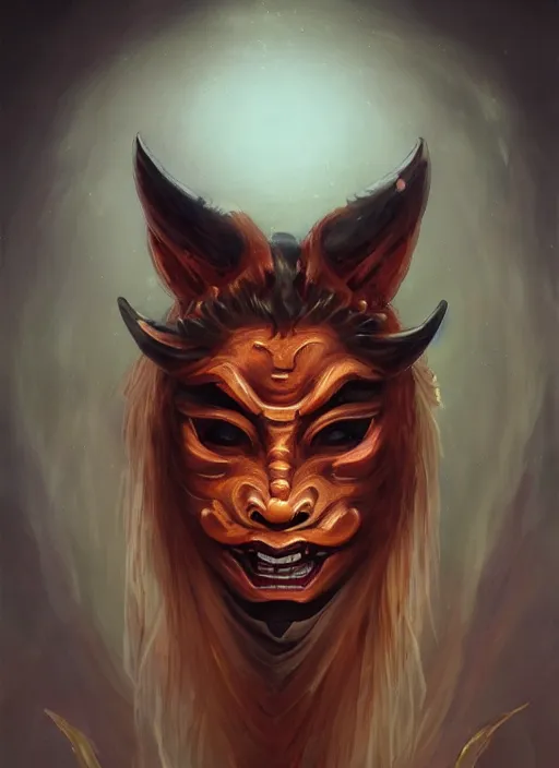 Image similar to a beautiful detailed oil on copper art illustration of a japanese oni kitsune mask devil woman, the mask is broken, centered, by charlie bowater, zeng fanzh, trending on artstation, dim dusk lighting, cinematic lighting, detailed lighting, volumetric lighting, realistic, f 8, 4 k hd wallpaper